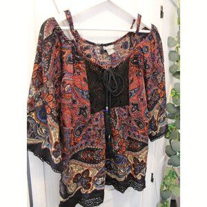 Angie Boho Chic Peasant Top with lace tassels M